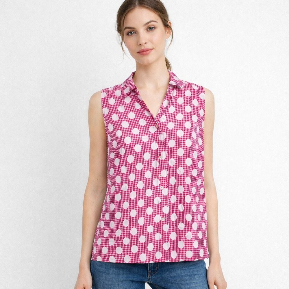 Susan Graver Sleeveless Button-Front Top – Red & White Polka Dot | Size Medium